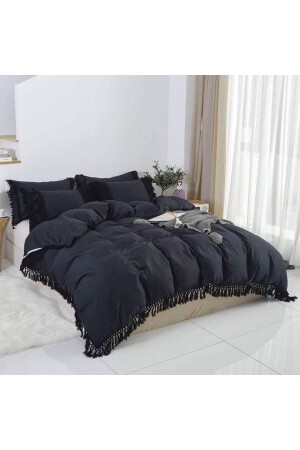 King Size Hand Knitted Tassel Fringed Black Duvet Cover Set BBPÜSQ - METİNEV