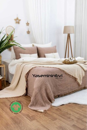 King Size Braun – Hellbraunes Musselin-Tagesdecken-/Überwurf-Set mit 2 Kissenbezügen - Yasemininevi