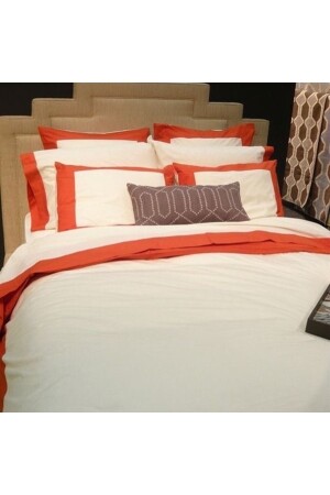 King Size Orange Framed White Cotton Satin Duvet Cover Set bkbt235 - METİNEV