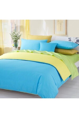 King Size Turquoise Yellow Cotton Satin Duvet Cover Set bkkingturkuaz - METİNEV