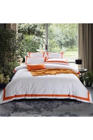 King Size White Duvet Cover Set with Silk Orange Stripes MKYRSA - METİNEV