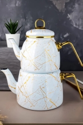 Kırık Beyaz Mermer Desenli Emaye Çaydanlık, Gold Desenli Çaydanlık dop14187332igo - PORLİSTAN