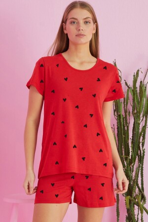 kırmızı kalp desenli Pamuklu Şort-Pijama Takım - Siyah İnci