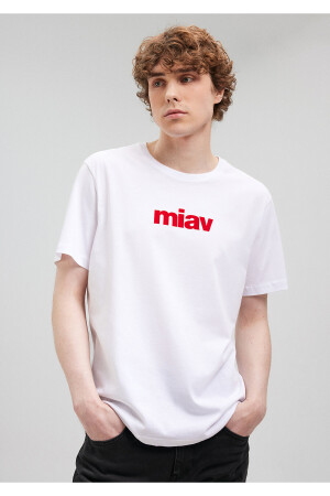 Kırmızı Miav Baskılı Beyaz Tişört Regular Fit / Normal Kesim 067153-622 - Mavi