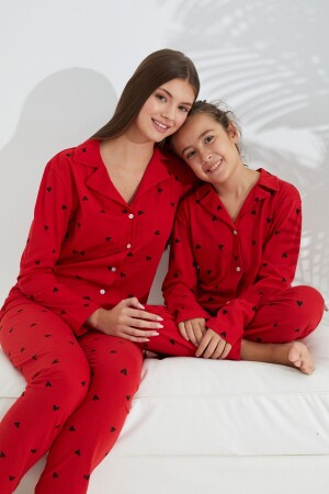 Kırmızı Pamuklu Düğmeli Pijama Takımı - Siyah İnci