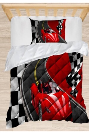 Red Race Car 3D Patterned Single Child Quilt Sleeping Set Ossococoniyor3 - 3D ELSE HALI