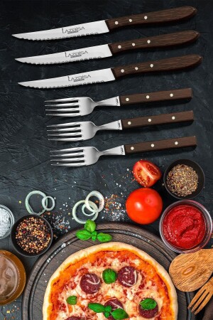 Kitchen Knife Set Steak Meat Fork Meat Knife Restaurant Stylish Wenge Wood Handle Set of 6 kitchen307 - LAZBİSA