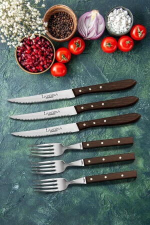 Kitchen Knife Set Steak Meat Fork Meat Knife Restaurant Stylish Wenge Wood Handle Set of 6 kitchen308 - LAZBİSA