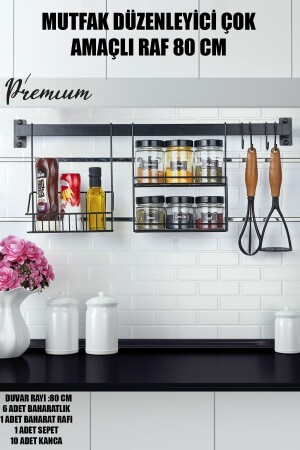 Kitchen Organizer Multi-Purpose 80 Cm Shelf (6 SPICE RACKS-1 STAND-1 RETRO BASKET-10 HOOKS) VG-817 - vipgross