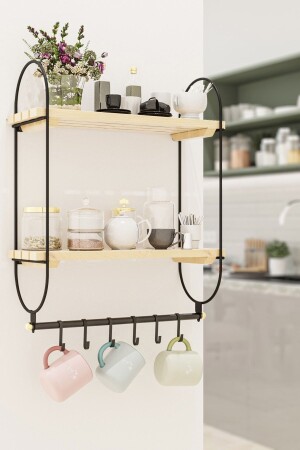 Kitchen Shelf Cup Hanger Coffee Cup Mug Hanger Organizer 6 Hooks Wooden Shelf Organizer A01 - Bino