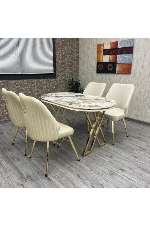 Kitchen Table Chair Set Karnel 80-140 Oval Gold White Marble Kitchen Table Set for 4 People - By Orhan Güzel