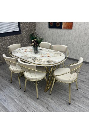 Kitchen Table Chair Set Selenit 80-140 Oval Gold Kitchen Table Set for 6 People - By Orhan Güzel