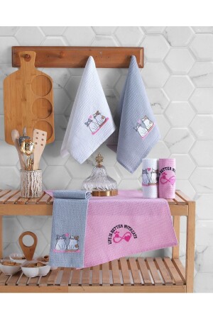Kitten Set of 6 Kitten Embroidered 100% Cotton Kitchen Towels Tea Towel 40x60 cm - Fushia