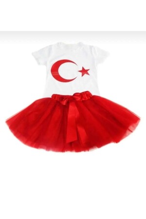 Kız Çocuk 23 Nisan 29 Ekim Gösteri Doğumgünü Kıyafeti Desenli Kısa Kol Beyaz T-shırt Tütü Etek Takım - Fatella