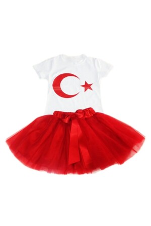 Kız Çocuk 23nisan 29ekim Gösteri Doğumgünü Kıyafeti Ayyıldız Kısa Kol Beyaz T-shırt Tütü Etek Takım - Nacar Store