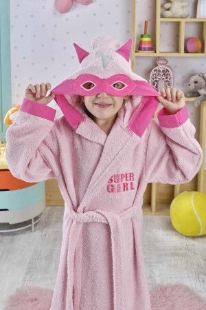 Kız Çocuk Bornozu- Pamuklu- Kapüşonlu- Süperkahraman Hero- Bebek- Pembe (0-14 Yaş) - Ely Parker