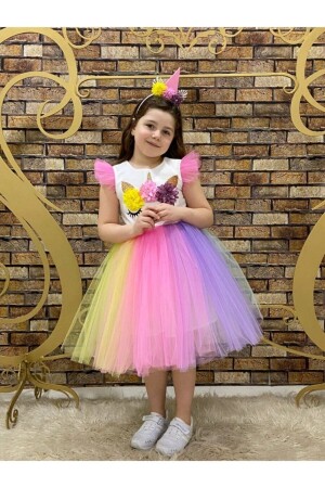 Kız Çocuk Renkli Doğum Günü Unicorn Kurdeleli Fermuarlı Elbise - Marvelous