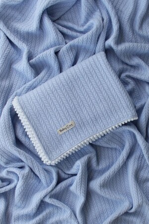 Knitted Pattern Baby Pique Organic Cotton Baby Blanket Soft Blue 100x120 Cm - Baby Cais Collection