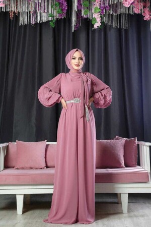 Kol ve Yaka Pilise Detaylı Bel Kuşaklı Şifon Tulum 3507 Pudra - Bym Fashion