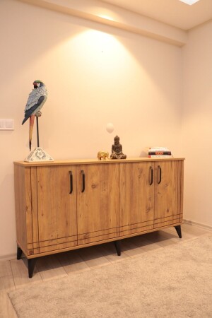 Konsolen-TV-Einheit, Korpus aus atlantischem Kiefernholz, schwarze dekorative Linien, Wohnzimmerkonsole 160 cm, modernconsoleatlanticpinebody - KLT Modüler