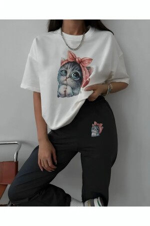 KOPYA - Sevimli Kedi Beyaz T-Shirt Gri Eşofman Altı Jogger - Alt Üst Eşofman Takımı Bisiklet Yaka - Genel Markalar