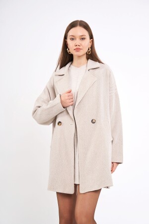 Krem Balık Sırtı Oversize Kaşe Kaban - Sevdeugur