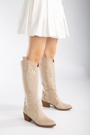 Krem Bej Vizon Nude Mat Süet Nakışlı Western Kovboy Cowgirl Bot Çizme - Denora
