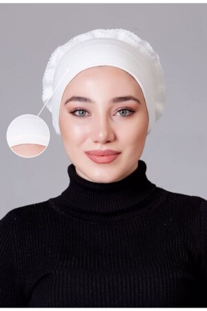 Krem ( Ekru - Kırık Beyaz ) Likralı Fırfırlı Kaymayan Bone - Nanak