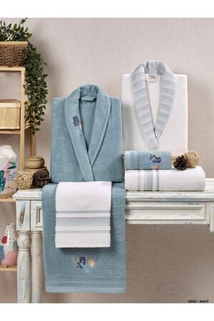 Kristal Soft Cotton Nakışlı 6 Parça Aile Bornoz Takımı Ekru-mavi - Taç