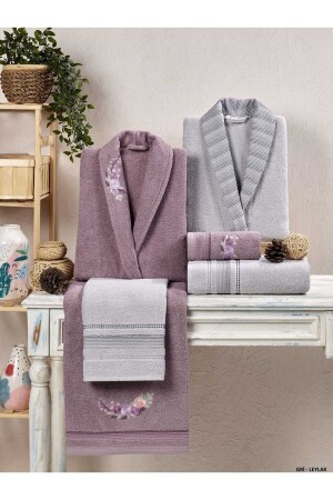 Kristal Soft Cotton Nakışlı 6 Parça Aile Bornoz Takımı Gri-leylak - Taç