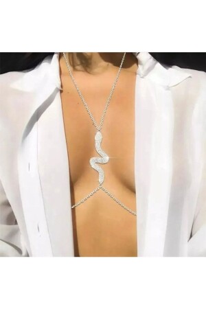 Kristal Taşlı Yılan Vücut Aksesuarı Göğüs Bikini Sütyen Zinciri Gümüş Kaplama - Gözde Kazan