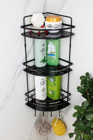 Kristallregal, Edelstahl, schwarz, laminiert, dreifacher Shampoo-Halter, selbstklebender Badezimmer-Organizer, Eckregal HMY-LK03S - HIMYHOME