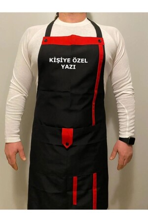 Küchenschürze, Doppeltasche, geknöpfte Riemenschürze, Schwarz, Rot, detaillierte Küche, Kellner, Koch, Chef - Umut Tekstil