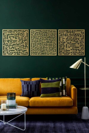 Kufi Ayetel Kursi Felak And Nas Set of 3 Metal Islamic Wall Paintings - Religious Paintings - Gold - Wam084 - Wall Art İstanbul