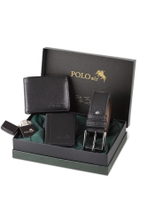 Kutulu Siyah Klasik Erkek Cüzdan Kemer Kartlık Benzinli Çakmak Seti SETE-3012C - polo air
