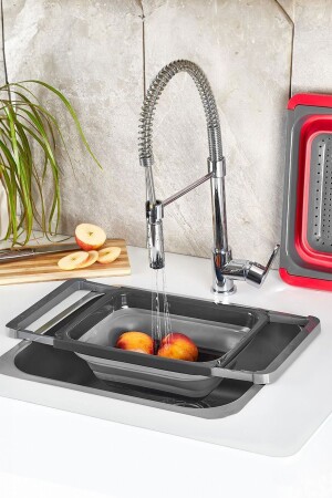 L-00852-2 Silicone Large Size Foldable Accordion Sink Strainer - 5-5 L Rectangular Gray - Porsima