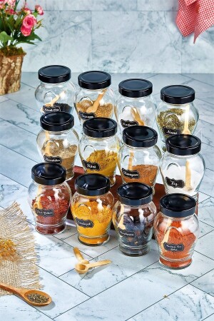 Labeled 12-Piece 370 ml Glass Spice Jar Set with Metal Lid and 12 Spoons FBZ-12Li-370C-2 - FBZhome