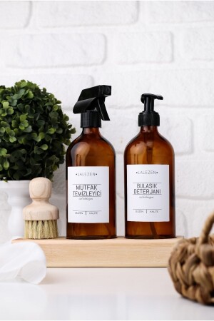 Labeled Amber Glass Bottles with Wooden Stand, Dishwashing Detergent and Kitchen Cleaner, Brush, 500 Ml AFBM - LALEZEN HOME