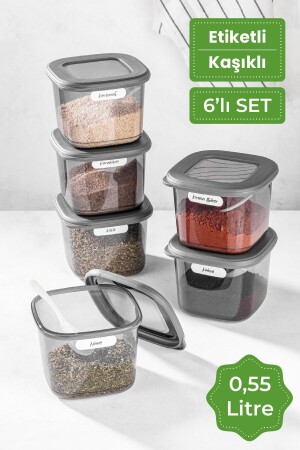 Labeled Square Food Storage Container with Spoon Set of 6 Small Size 0.55 Liter Anthracite VNVFOLY6LI055L - Vienev