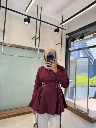 Lace-up Detail Poplin Shirt - Burgundy - Duendeca