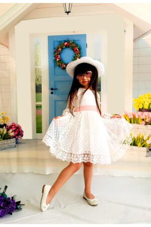 Laced Princess Girl's White Dress with Hat - Mixie