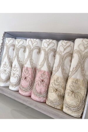 Laced Satin Embroidered Patterned Boxed Luxury Dowry Set 50x90 6-Piece Hand and Face Towel Set SATIN*GUGUDE*3* - AYHANHOME