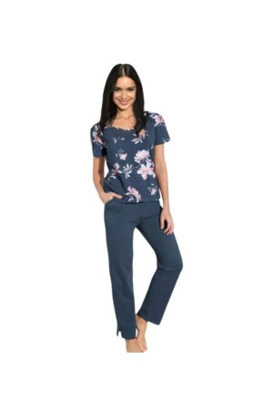 Lacivert- Çiçek Desenli Pijama Üstü (büyük Beden Seçeneğiyle) - Asn Concept