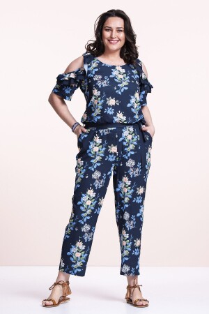 Lacivert Çiçekli Krep Büyük Beden Tulum - Even Plus Size - Büyük Beden Kadın Giyim