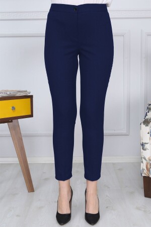 Lacivert Kemerli Dar Paça Kumaş Pantolon Likralı Cepsiz G011 - Gül Moda