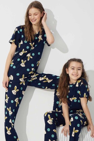 Lacivert Tavşan Desenli Pamuklu Örme Pijama Takım 7624 - Siyah İnci