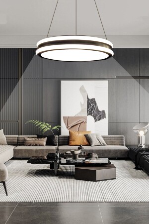 Large Model Single Ring Black LED Chandelier, 3 Color Illuminated, Remote Controlled Modern Chandelier, Living Room Chandelier 3005 - Ledmi Lighting