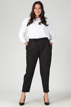 Large Size Black Elastic Waist Carrot Trousers - Gül Moda
