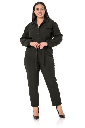 Large Size Black Women's Jumpsuit with Elastic Back Waist, Pockets, Belted, Elastic Detail at the Cuff - Disentis Modest