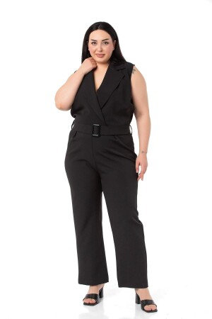 Large Size Double Breasted Black Jumpsuit with Elastic Waist Zipper Closure and Belt - Disentis Modest